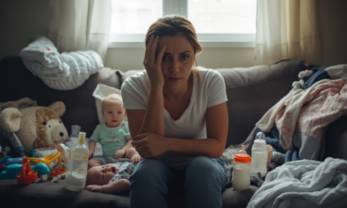 Tired mother sitting on a cluttered couch with her baby, surrounded by baby bottles, toys, and laundry, showing signs of exhaustion and overstimulation.