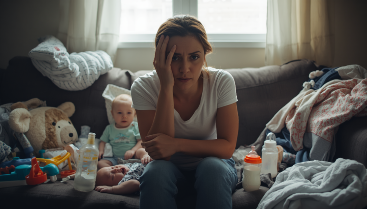Tired mother sitting on a cluttered couch with her baby, surrounded by baby bottles, toys, and laundry, showing signs of exhaustion and overstimulation.
