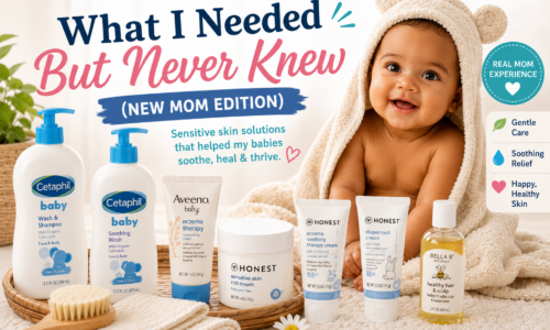 Baby skincare products for sensitive skin arranged beside a smiling baby wrapped in a towel for the blog “What I Needed But Never Knew (New Mom Edition).”